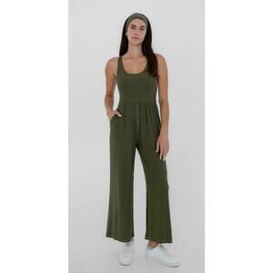 Imbodhi Hana Tank Jumpsuit Ribbed Moss Green XS  Wide Leg Cropped Yoga Pilates